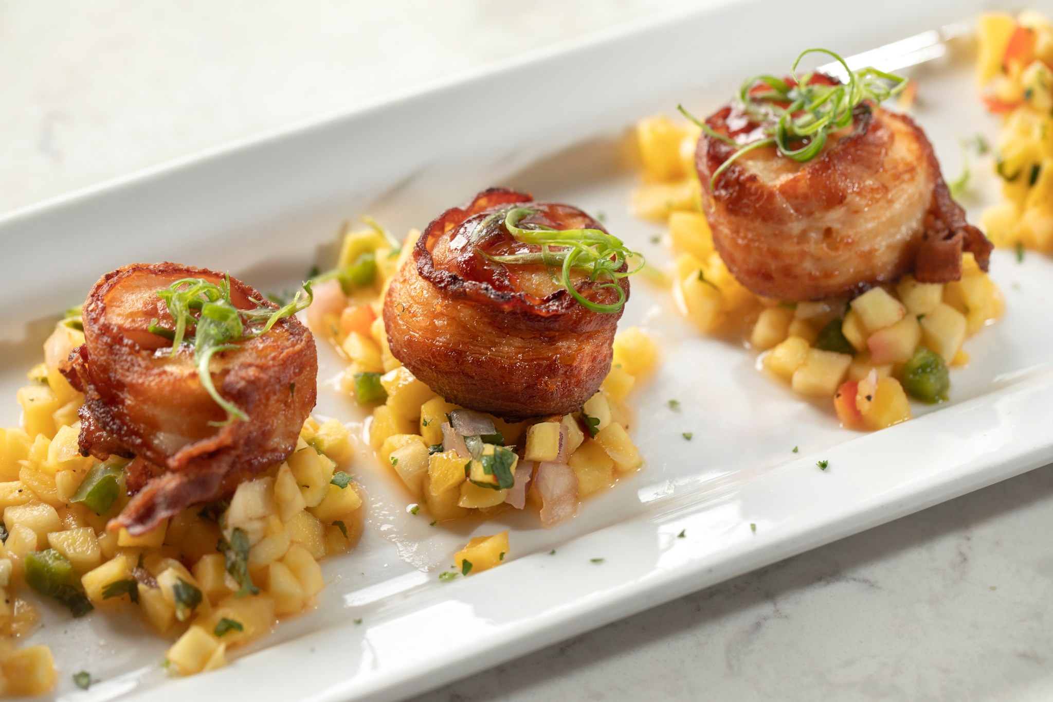 Bacon-Wrapped Scallops with Southern Succotash